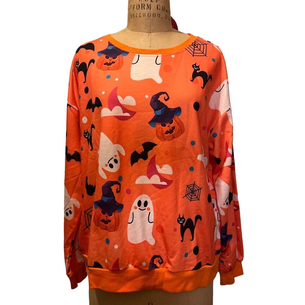 Women’s Halloween Allover Ghost Print Long-Sleeve Sweatshirt NWT Size XL